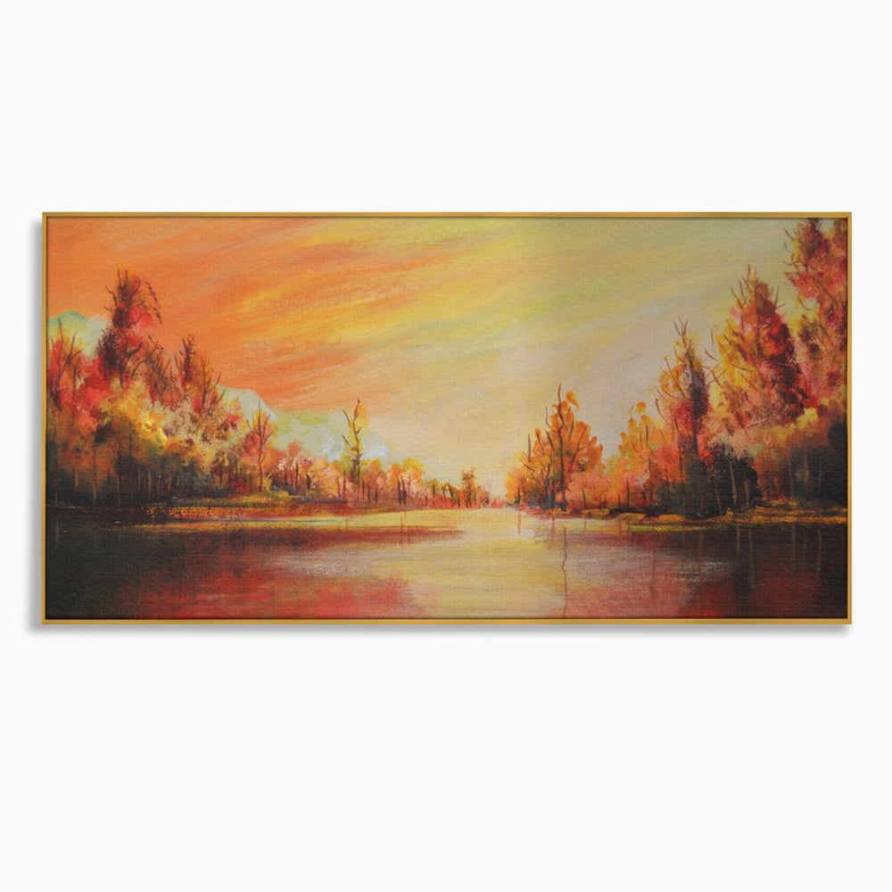 Tablou canvas cu pictura cu peisaj de toamna si lac, in rama de aluminiu auriu